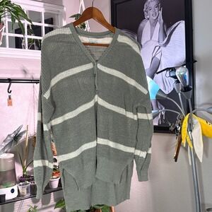 American Eagle Striped Knit Sweater Button Detail Olive Green Comfy Soft